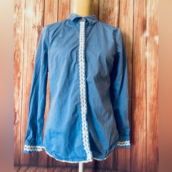 Women’s Small Blouse Hannah Button Down Blue Lace Trim Long Sleeves 100% Cotton - Picture 1 of 10